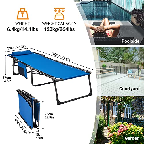 Kingcamp Adjustable 5-Position Heavy Duty Folding Chaise Lounge Chair With Pillow Pocket, Lightweight Portable Great For Outdoor, Poolside, Beach, Lawn, Patio, Camping, Lakeside, Blue #TOP2