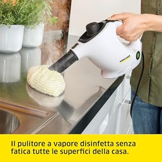 Kärcher Pulitore a Vapore SC 1, tempo riscaldamento 3 min, Potenza 1200W, Area di lavoro 20 m², Serbatoio 200 ml, Incl. 2 Ugelli, Bocchetta manuale e Spazzolina tonda