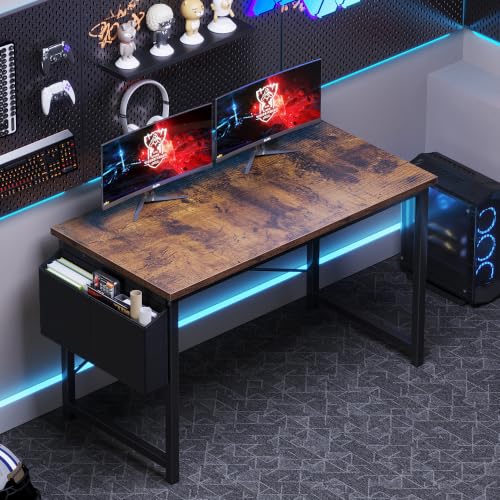 Image of OLIXIS Computer Desk, 47 Inch Gaming Desks for Home Office Small Spaces | Writing Study Craft Work Table, Computer Workstation for Bedroom with Storage Bag, Rustic Brown