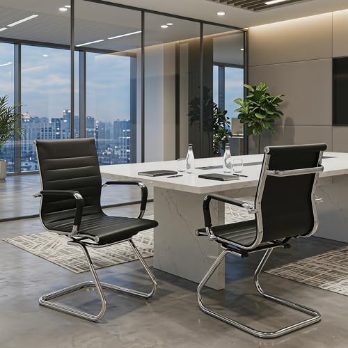 Image of HNY Leather Office Guest & Reception Chairs Set of 2, Modern Waiting Room Chairs with Arms, Desk Chair no Wheels with Sled Base for Conference Room, Black