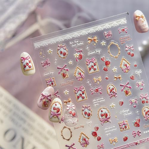 Image of Strawberry & Bow Nail Stickers for Nail Art - Retro Frame Design 5D Embossed Self Adhesive Nails Decals for Women Manicure DIY Decoration Accessories Supply Charms (1 Sheet)
