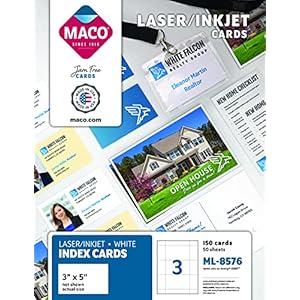 MACO Laser/Ink Jet White Index Cards 3 x 5 Inches 3 Per Sheet 150 Per Box (ML-8576)