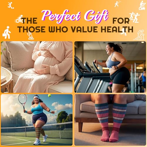 Image of Plus Size Compression Socks for Women & Men 4 Pairs, Wide Calf Extra Large 20-30 mmHg Knee High Support Socks for Travel, Running, Nurse