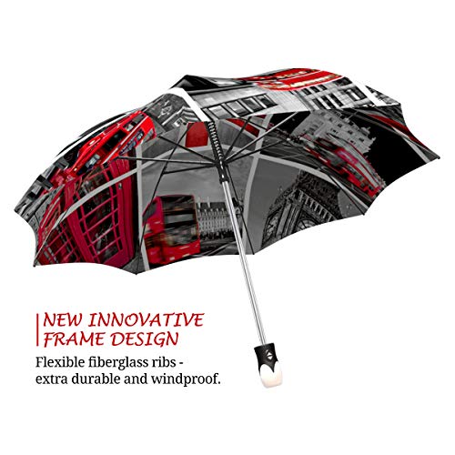 Folding Rain Umbrella Portable Auto Open Close - Uk Umbrella Red And Black For Men And Women - Compact Automatic Umbrella London Design - Vintage Fashion Umbrella Big Ben Travel Themed Gift #TOP3