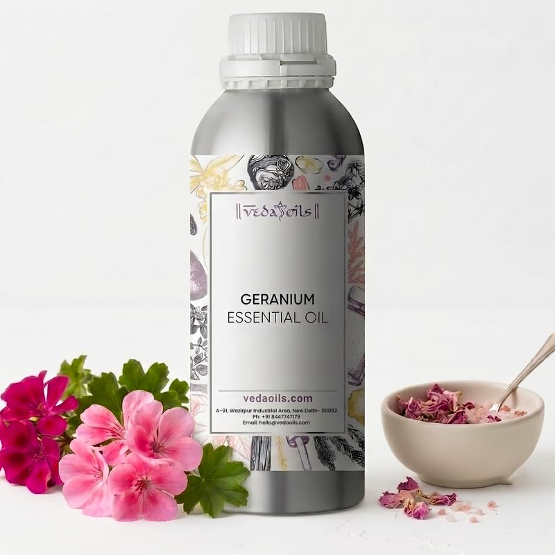 Image of VedaOils Geranium Essential Oil 100ml | Pure & Natural Geranium Oil for Skin, Hair, Diffuser, Candles, Air Fresheners, Soaps & Aromatherapy