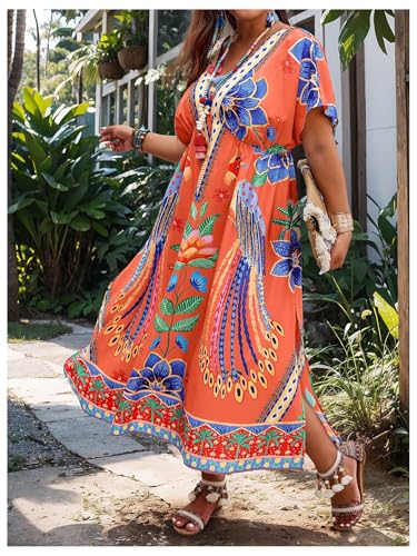 Image of Floerns Women's Plus Size Tribal Print Dolman Sleeve Slit Summer Maxi A Line Dress