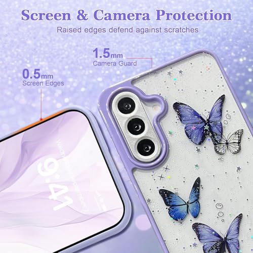 Image of VONZEE for Samsung Galaxy A56 5G Clear Glitter Butterfly Case, Cute Bling Sparkle Shiny Soft Silicone TPU Bumper Shockproof Women Girls Slim Protective Phone Back Cover for Galaxy A56 5G, Purple
