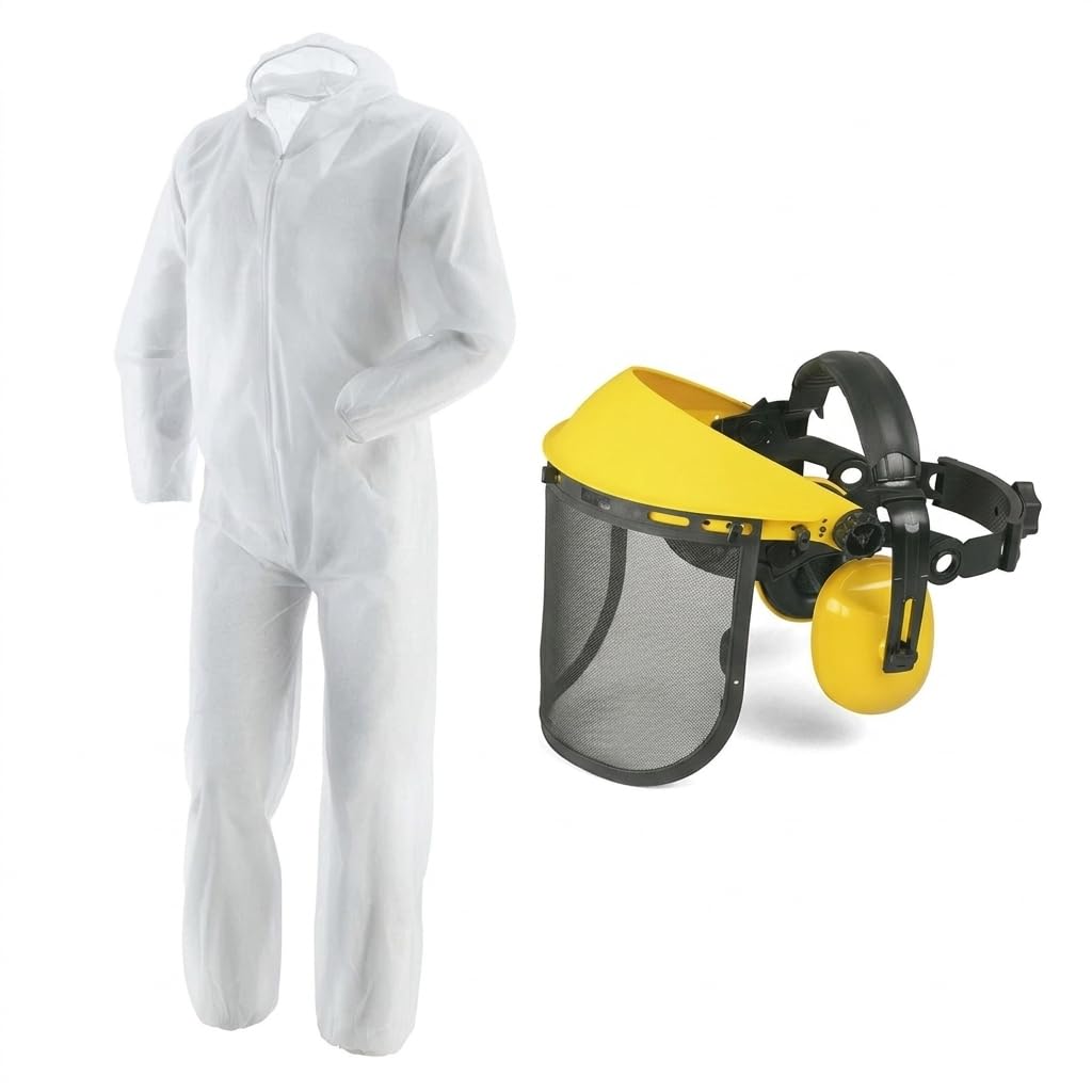 Set Protezione per Decespugliatore e Giardinaggio: Tuta Protettiva Monouso Bianca Taglia XL con Cappuccio + Visiera di Sicurezza Regolabile (Scegli il Modello) (Set Visiera a Rete + Cuffie)