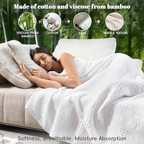 PHF Cooling Waffle Blanket California King Size, Lightweight 60% Rayon Derived from Bamboo & 40% Cotton Breathable Blanket for Hot Sleepers, Soft and Luxury for Bed Couch and Sofa, 110"x96", White