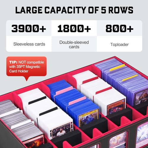 Image of ZLCA Trading Card Storage Box 5-Row with Handle, MTG Storage Box Holds 3900+ Cards with Commander Display, Top Loaders Organizer Case for TCG PTCG Sport Card(Black&Red)