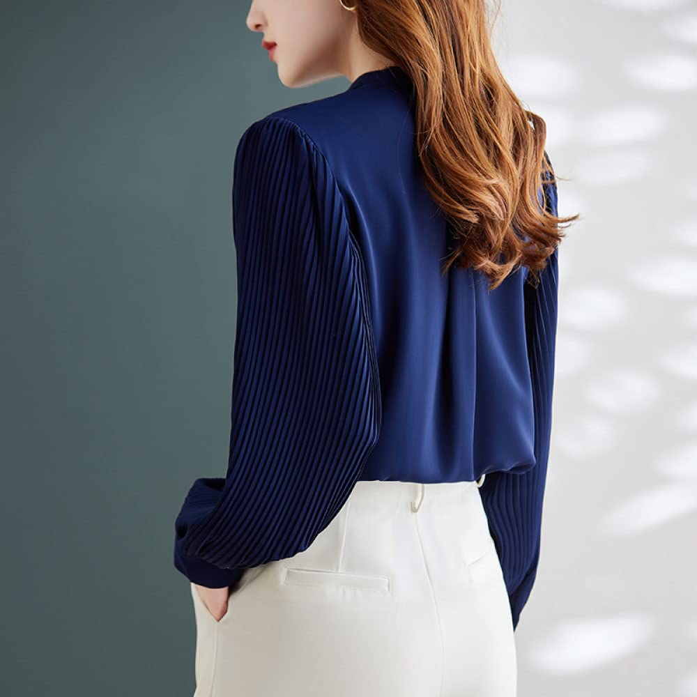 MIDJ Lockeres Damenhemd,Damen Elegante Fliege Hals Solidd Tops Shirt Blau Satin Tunika Shirt Falten Langarm Chiffon Bluse Shirt Lässige Büro Business Bluse Für Mädchen Damen