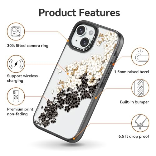 Coque iPhone 15 antichoc noire fleur de prunier face aux chutes de 2m