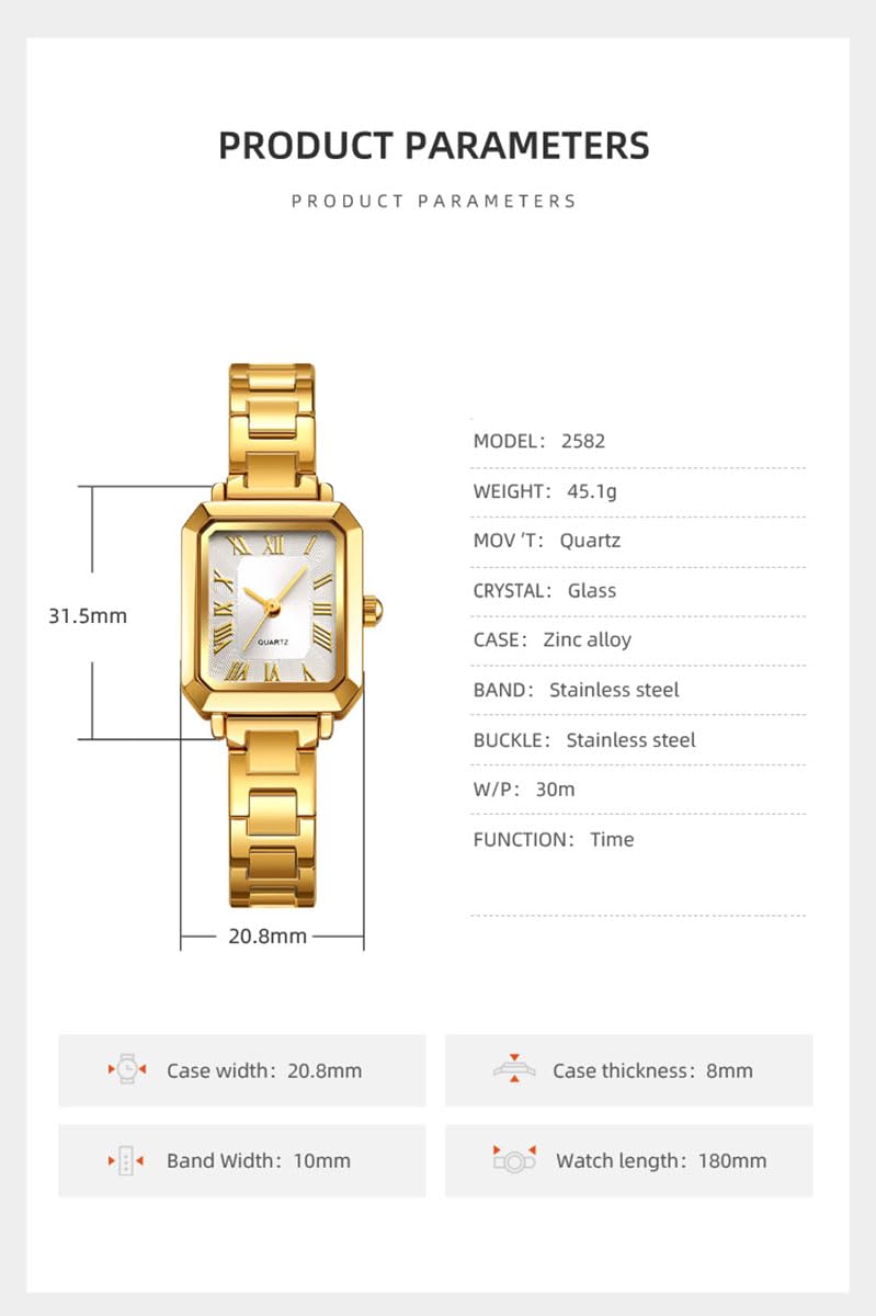 BESTKANG Women's Small Wrist Watch Rectangular Quartz Watch Classic Roman Numeral Dial 30M Waterproof Stainless Steel Band Wristwatch