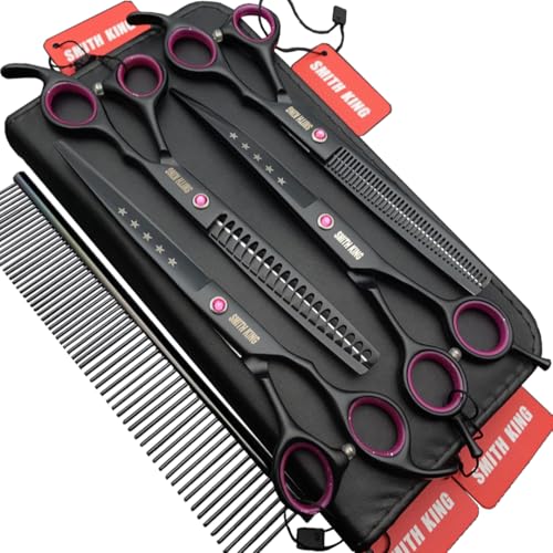 7.0 inches Professional Dog Grooming Scissors Set Straight & thinning & Curved & Chunkers 4pcs/3pcs in 1 Set (with Comb) Right-handed or Left-handed for Dog & Cats (Righ-Handed 4 pcs set with comb)