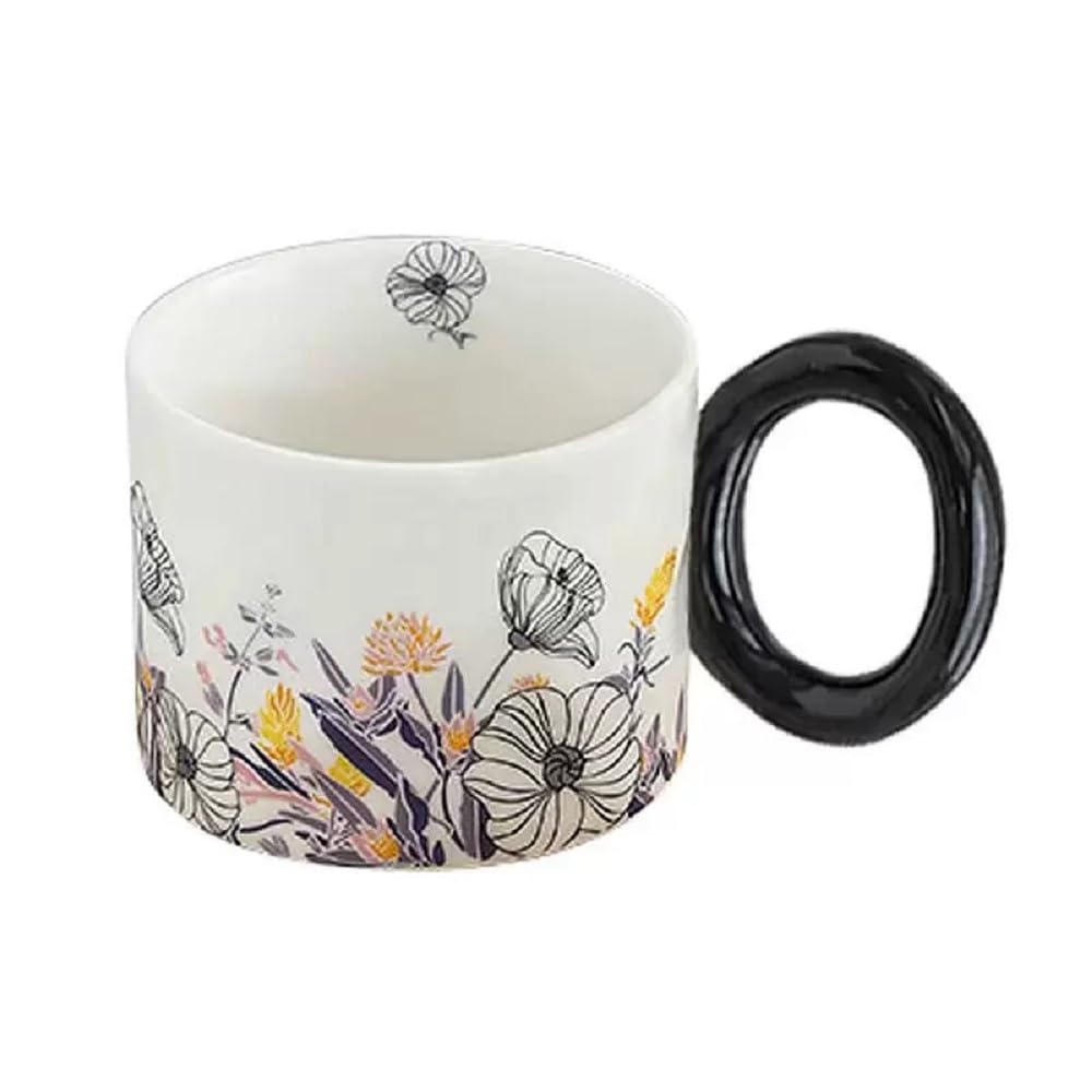 Huiyiwert süße Blumentasse Porzellan Milchbecher Kakaobecher Blumenmuster Teetasse mit Griff Kaffeebecher für Kaffee Milch Latte Tee Kakao spülmaschinenfest (Schwarz)