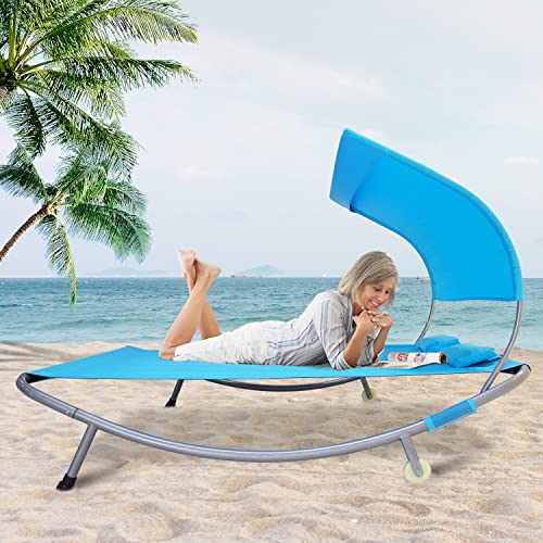 Coveronics Patio Double Chaise Lounge Bed With Canopy,Headrest Pillow And Wheels,Portable Outdoor Hammock Bed For Patio, Yard, Pool(Blue) #TOP4