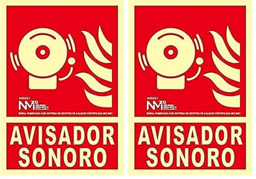 NM RD00121 - Señal Luminiscente Avisador Sonoro Clase B PVC 0,7mm 21x30cm con CTE, RIPCI y Apto para la Nueva Legislación (Paquete de 2)