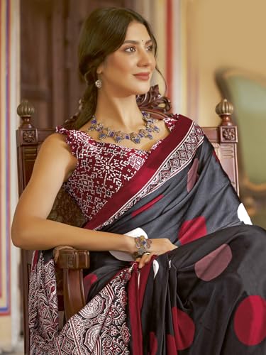 Image of SAREE MALL Women's Ajrkh Print Satin Crepe Polka Dot Printed Saree With Unstitched Blouse Piece