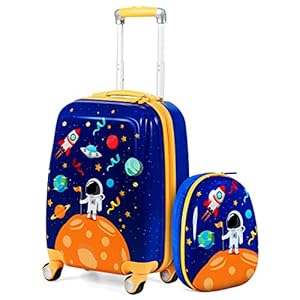 HONEY JOY Kids Luggage, 12″ Toddler Backpack & 18″ Travel Suitcase with Wheels, Lightweight Toddler Suitcase, Durable ABS Hardshell, 2Pcs Carry On Luggage Set for Boys Girls, Blue Astronaut