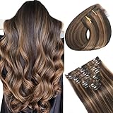Clip in Hair Extensions Real Human Hair, Seamless Balayage Human hair Clip ins Extensions for Women Invisible Straight 8Pcs Double Weft Dark Brown Highlight Chestnut Brown 20inch 105g