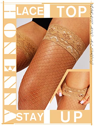 Image of HONENNA Fishnet Thigh High Stockings, 20+ Colors Silicone Lace Top Stay Up Nylons Tights for Woman, Size A-D