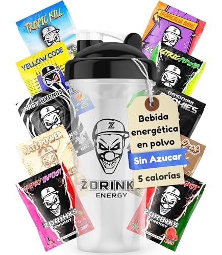 Bebida Energética en Polvo | Pack Degustación Sin Azúcar | Con Cafeína, Minerales y Vitaminas | Ideal para Gamers y Apasionados del Deporte | 10 Muestras + 1 Shaker transparente