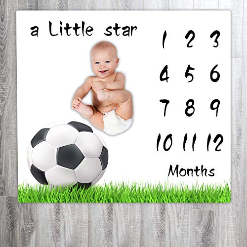 Image of EARVO Baby Boy a Little Star Blanket, 40x40 inches Milestone Blanket Soccer Green Grass Photography Props Soft Fabric Blanket with Frame for Growing Babies EADS466