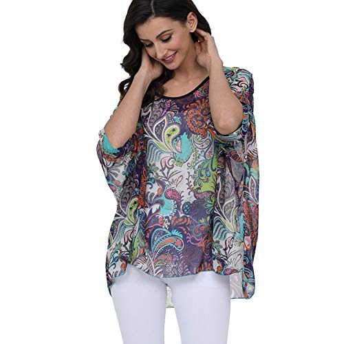 Image of Ckikiou Plus Size Batwing Flowy Semi Sheer Chiffon Blouse Tunic for Women Summer Floral Print Boho Beach Cover ups