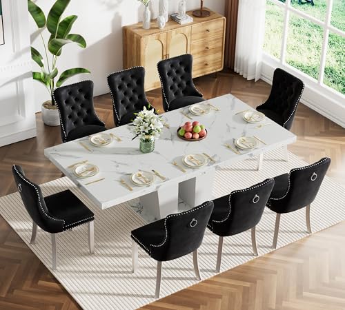 Image of 9 Piece Extendable Dining Table Set for 8, Expandable Kitchen Table Chairs Set for 8, 78.74 inch White Faux Marble Table with Black Velvet Chairs, Modern Dining Room Table Set for Family Gathering