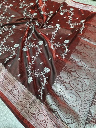 Image of Women's Glory Banarasi Satin Silk Saree with Rich Golden Zari Floral Embroidery | Kanjivaram Style | Traditional Wedding & Festive sadi with Contrast Border | Designer Party Sari Collection