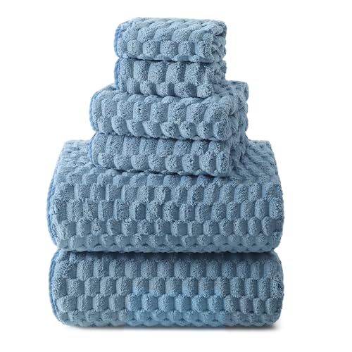 REDKISS Blue Microfiber Towels Set of 6-35x70 Inches Oversized Bath Sheets Extra Large Bath Towels Set of 6 Super Soft Quick Dry Lint Free Absorbent Waffle Microfiber Shower Towels