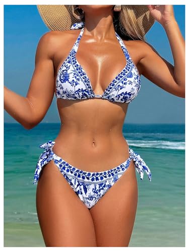 Milumia Women's Boho Floral Halter Bikini Set Tie Side Low Waisted 2 Piece Swimsuits3