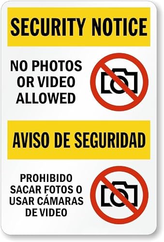 Bilingual Security Ban On Photos Video Recording All Premises Aluminum Warning Metal Sign, 8×12 Inche, weatherproof plaque for office factory commercial indoor privacy protection rules