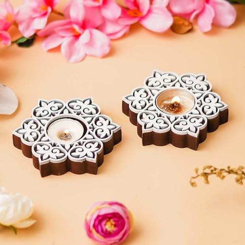 Image of eCraftIndia Set of 2 White Brown Wooden Floral Printing Block Decorative Tea Light Candle Holders, Diya Stands | Tea Light Holders | Christmas Diwali Decoration Items for Home Decor