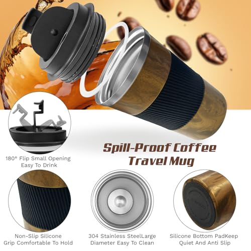 Image of Vacuum Insulated Stainless Steel Travel Coffee Mug,Leak Proof Cup with Lid | 304 stainless steel mug with vacuum insulation, leak proof lid, silicone grip and car cup holder friendly design