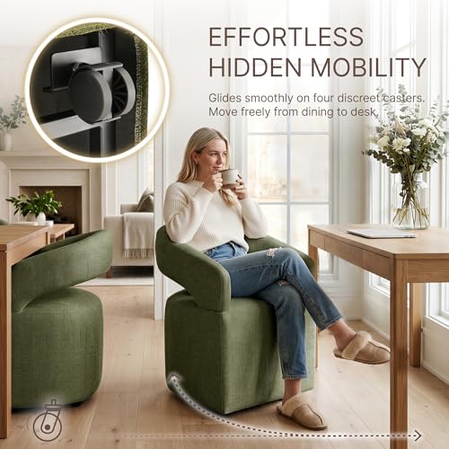 Image of KISLOT Upholstered Dining Chairs Set of 4, Modern Arm Kitchen & Dining Room Chairs with Hidden Casters, Linen Fabric Padded Rolling Chairs, Sturdy Wood Frame, 300 lbs Capacity, Moss Green