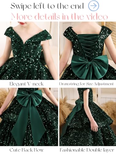 Sequin V Neck Pageant Dress for Girls Long Ball Gown Prom Dresses with Bow Sparkle Party Dress2