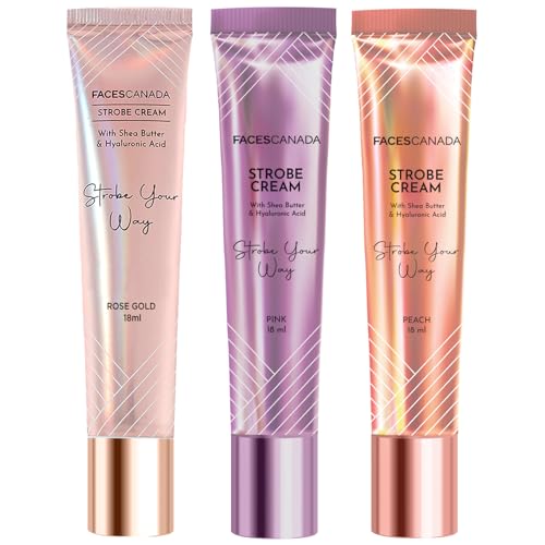 Image of FACES CANADA Blush Glow Trio Pack of 3 | Strobe Cream Mini - Rose Gold + Peach + Pink (18ml x 3) | Primer + Highlighter + Moisturizer | Flawless Radiant Dewy Skin | Illuminating & Glowing Makeup Base