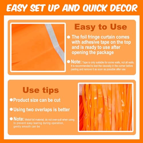 Image of 3 Pack Macaron Orange Foil Fringe Curtains Backdrop, 3.28 x 9.8 Ft Metallic Streamers Tinsel Curtains Background for Photo Booth, Birthday, Halloween, Christmas, New Year Party Decorations