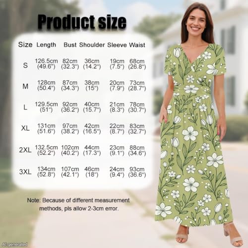 Image of Women's Fall Summer Short Sleeve Ankle Length V-Neck Party Dress with Pockets Size S-3XL