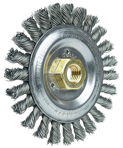 Image of Weiler 09856 Roughneck Jr. 5 inch Filler Pass Weld Cleaning Brush, .023 inch Steel Wire Fill, 5 /8 inch-11 Unc Nut, Made in the USA