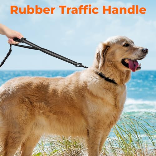 Euqvunn Correa Elástica Perros 1,4-2 m | Correa Antitirones Perros Grandes y Medianos | Doble Asa Acolchada | Cuerda Amortiguadora | Reflectante para Paseos Nocturnos y Entrenamiento | Negro - imagen 3