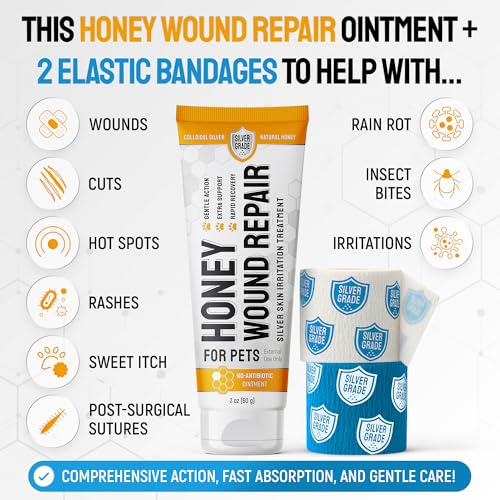 Image of Best Hot Spot Treatment for Dogs & Horses - Dog Wound Care with Silver for Scratches, Sores, Rashes, Irritations - Honey Wound Repair Ointment in Gel Form for Horses & Cats + 2 Bandages - 2 Oz