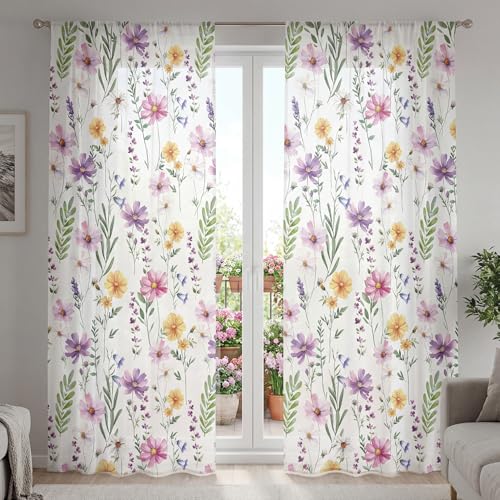 Horaldaily Floral Sheer Curtains for Living Room and Bedroom, Yellow
