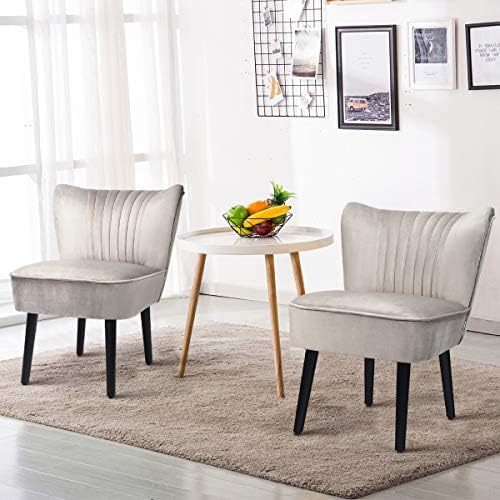 Giantex Set of 2 Velvet Accent Chair, Upholstered Modern Leisure Club Chairs w/Wood Legs, Thick Sponge Seat, Adjustable Foot Pads, Armless Wingback Chairs for Bedroom Living Room (2, Light Grey)