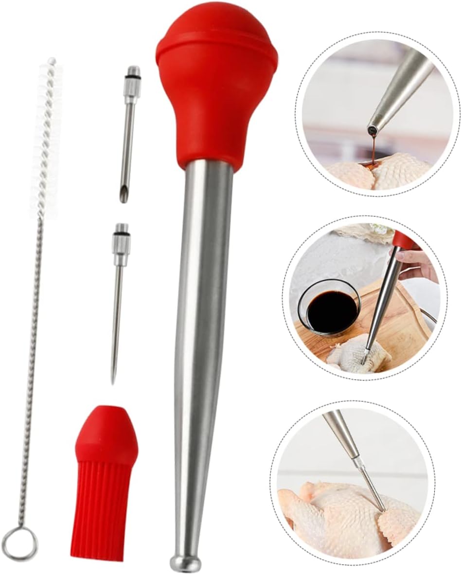 1set Bbq Turkey Sauce Injector Stainless Steel Marinade Baster Silicone Pump for Cooking Meat and Poultry Includes Cleaning Brush for Family and Restaurant Use