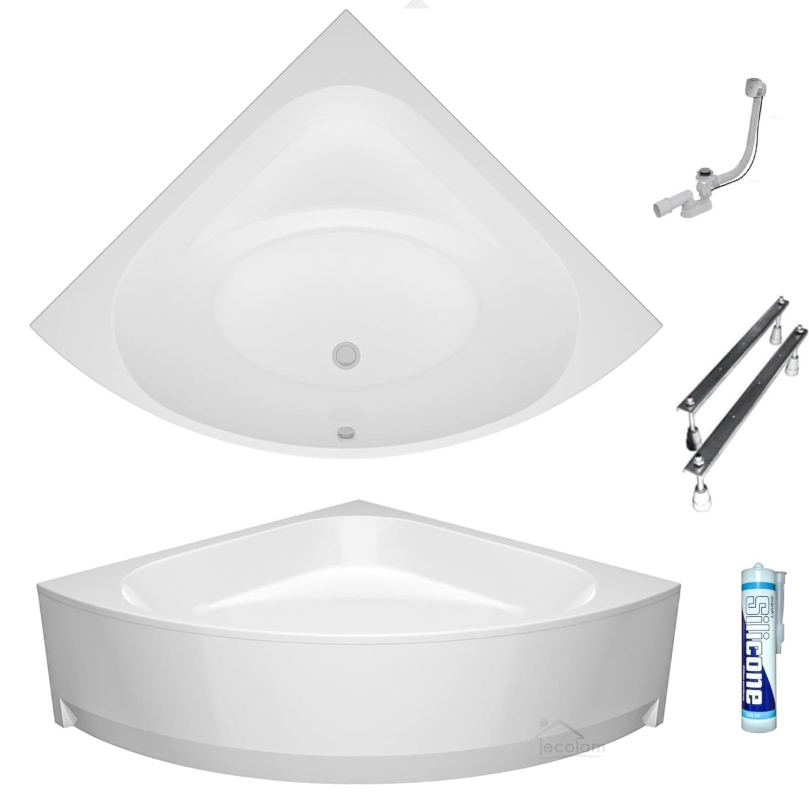ECOLAM Baignoire d'angle acrylique symétrique Dina 140x140 cm | tablier en acrylique | pieds siphon et silicone