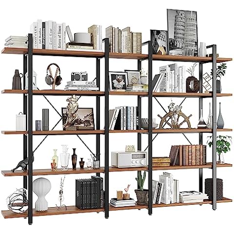 BATHWA Wood and Metal Minimalist 5 Tier Bookshelf, Large Tall Open Rustic Wide Bookcase Industrial Style, Modern Wooden Big Book Shelf for Home Living Room Bedroom Office Storage, Rustic Brown Cover
