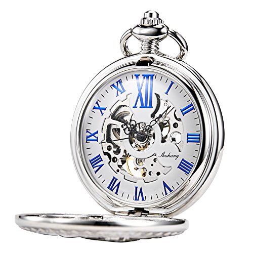 TREEWETO Antiek Mens Pocket Watch Skelet Mechanisch Hollow Brons Case 3D Steam Train Railroad Romeinse Numerals, Zilver055, Mechanisch - Afbeelding 3