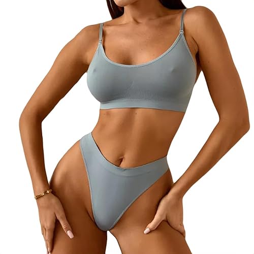 ANDELINA Matching Bra and Panty Set – Seamless Soft Bralette and Thong, Wireless No Show Lingerie for Women, Everyday Wear - Medium-Large - Grey